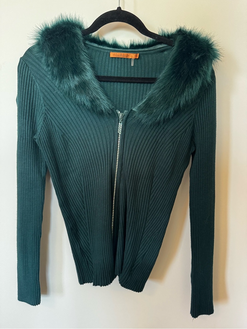 Belldini Forest Green Ribbed Rhinestone Zip Cardigan with Faux Fur Collar
